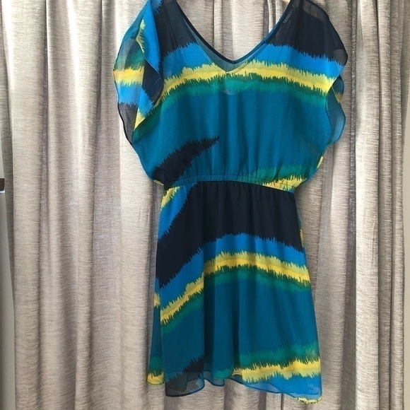 Express Blue & Green Water Color Stripe Mini Dress - Picture 2 of 11
